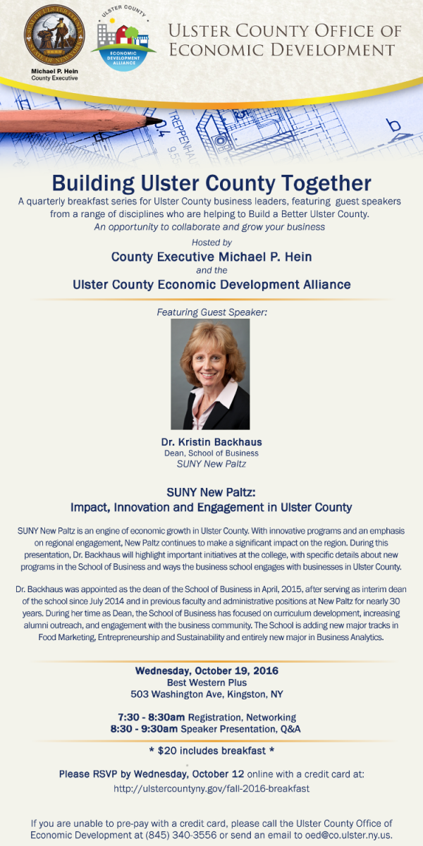 Building Ulster County Together Breakfast, October 19th, 2016, Featuring Guest Speaker Dr. Kristin Backhaus