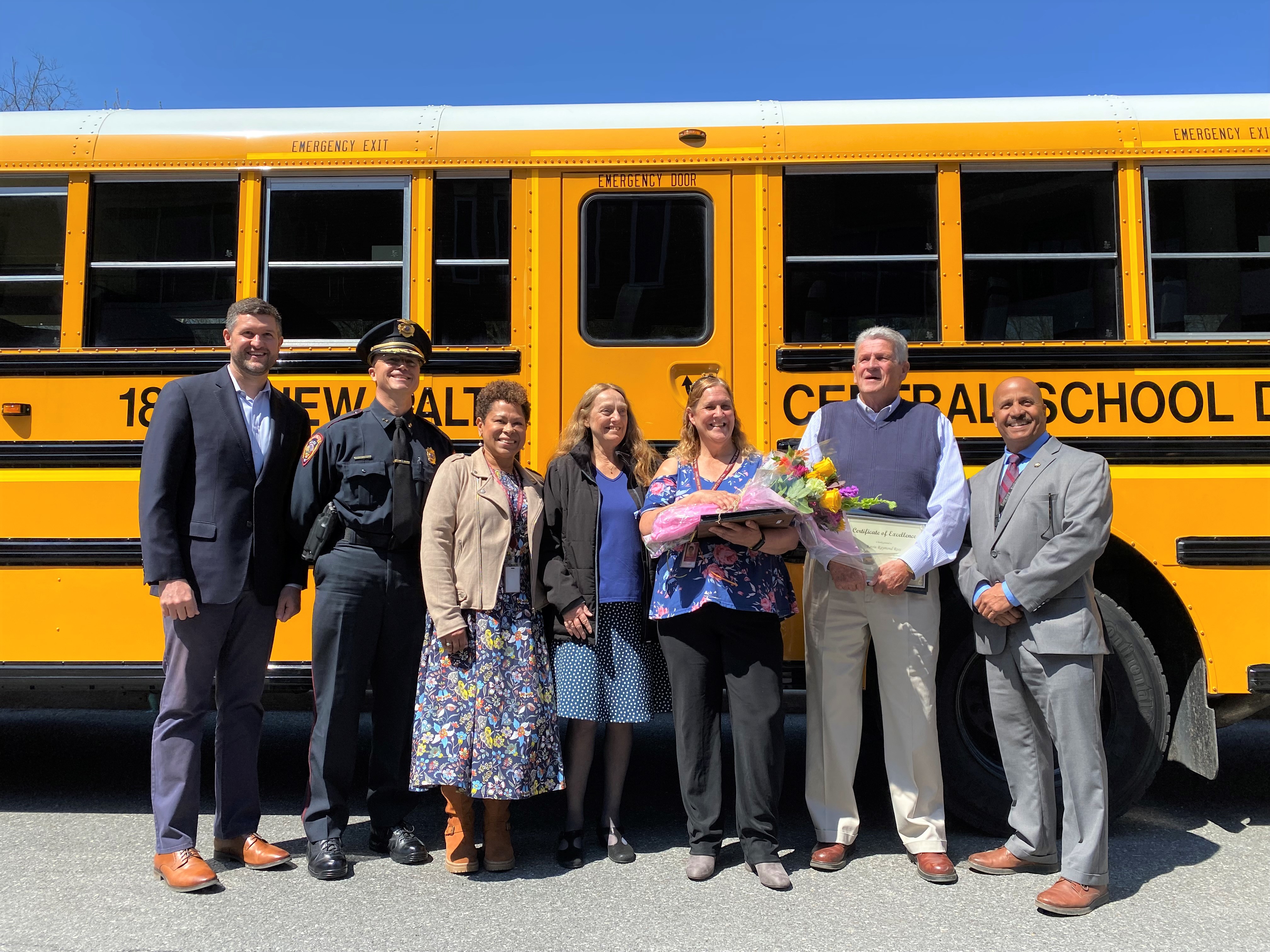 (left to right): Ulster County Executive Pat Ryan, New Paltz Chief of Police Robert J. Lucchesi, New Paltz Central School District Superintendent Angela Urbina Medina, NPCSD Director of Transportation Maureen Ryan, Lisa Haynes, Kevin Ross, Ulster County Sheriff Juan Figueroa 