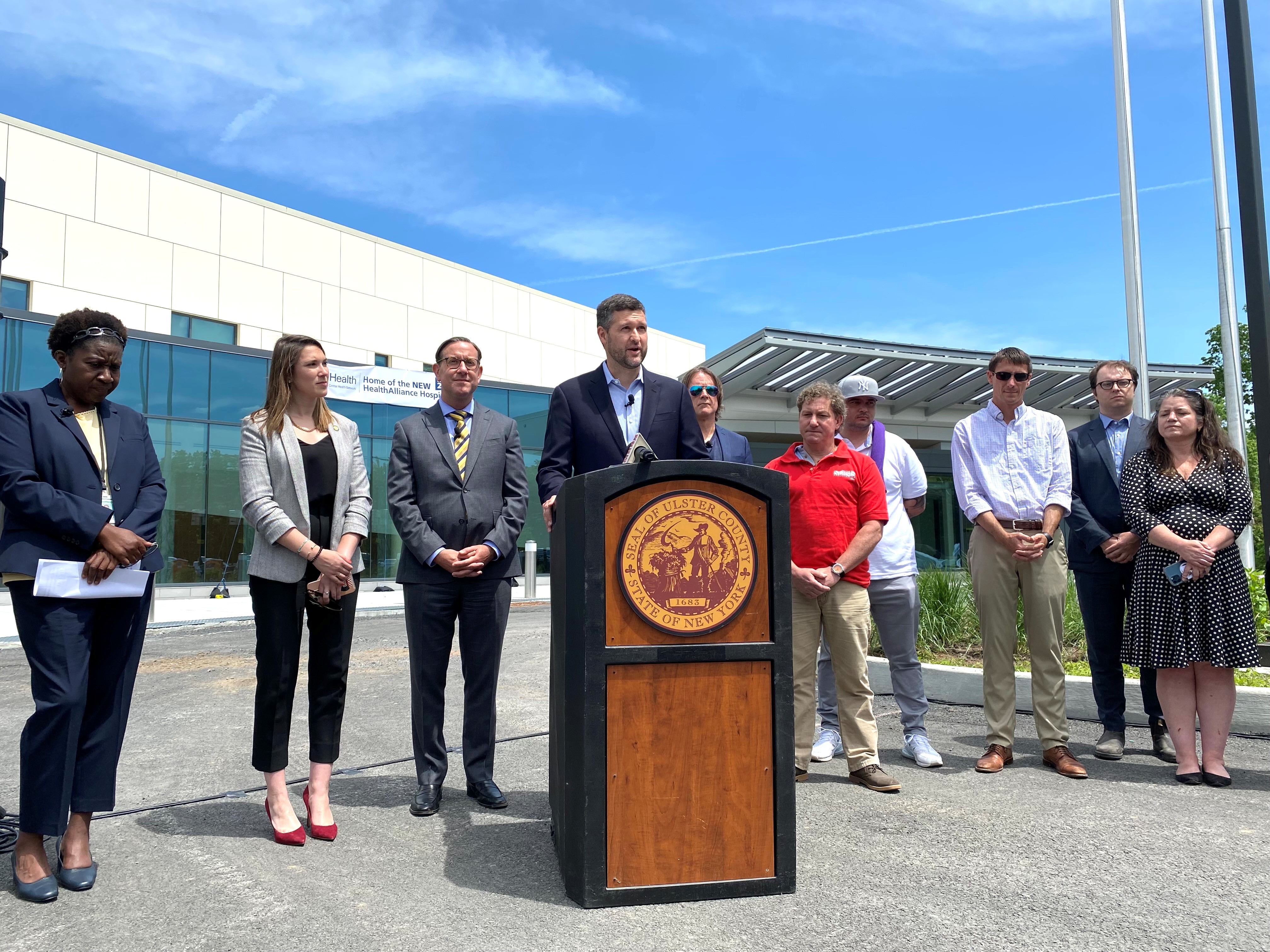 (left to right): Ulster County Mental Health Commissioner Tara McDonald, Senator Michelle Hinchey, WMCHealth Executive Vice President & Chief Strategy Officer  Josh Ratner, Ulster County Executive Pat Ryan, 1199SEIU Executive Vice President Greg Speller, Ezra Maurer, a Representative of the New York State Nurses Association, Gabriel Valdez of 1199SEIU, Mayor Steve Noble, representative of Assemblymember Kevin Cahill, City of Kingston Alderwoman Michelle Hirsch