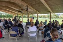 Ulster County Executive Patrick K. Ryan delivers his 2022 Budget Address at the Field of Dreams pavilion in New Paltz