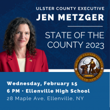 State of the County invite graphic featuring a photo of County Executive Metzger and the date, time, and location of the event